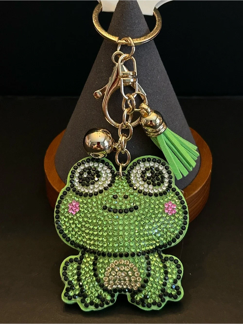 PREMIUM Puffy Green Rhinestone Frog Bag Charm Keychain w/Tassel & Gold Hardware
